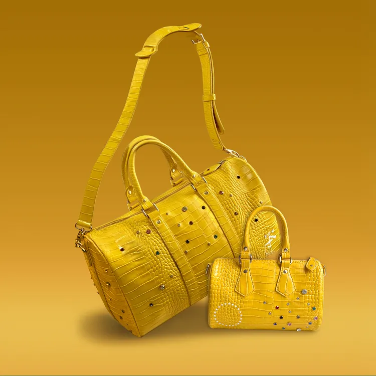 S45黄色鳄鱼皮纹路彩钻镶嵌休闲挎包美式街头潮流手提旅行包