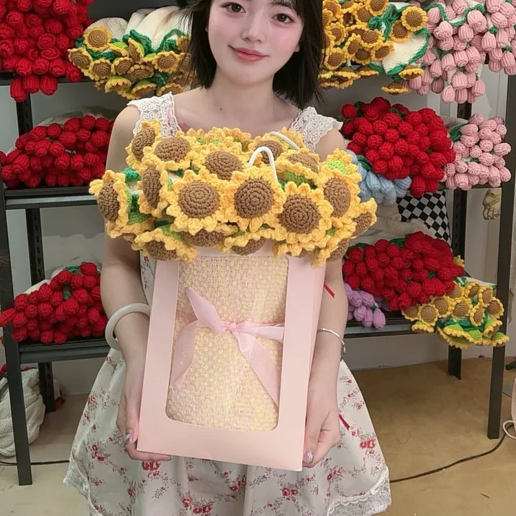 【渐变成品向日葵】渐变粉向日葵花成品玫瑰花束毯子手工编织毛毯