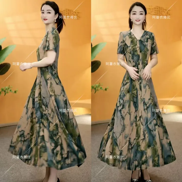 【衣雅严选】8124-2162#新品气质显瘦弹力缎高腰大摆长款连衣裙