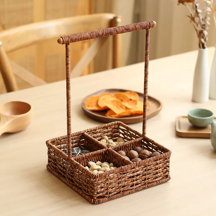家好点仿藤编果盘客厅茶几干果盒中式糕点提篮零食糖果分格盘复古