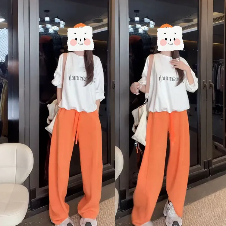 早秋时尚套装韩系休闲风露肩圆领宽松显瘦上衣阔腿裤卫裤一整套