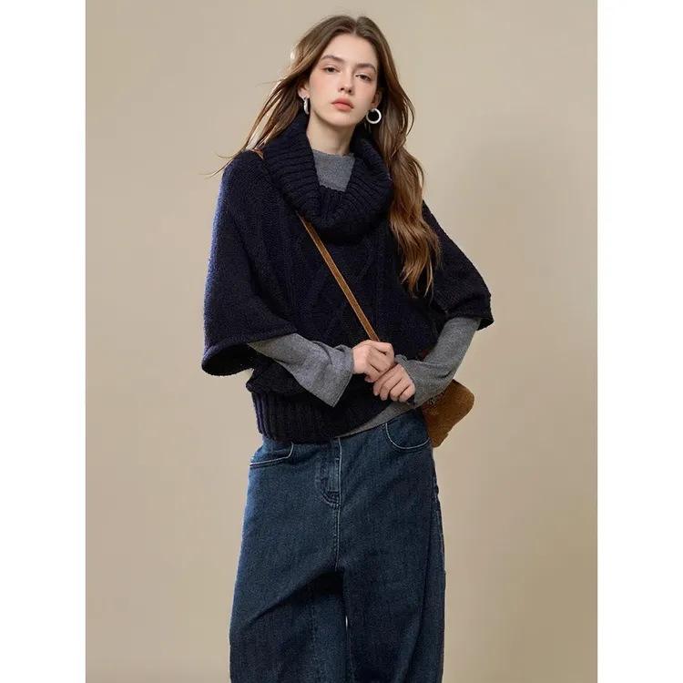 藏青色高领麻花针织斗蓬披肩女早秋新款叠穿套头毛衣披风两用上衣