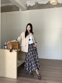 秋季老钱风套装女复古撞色翻领风衣夹克外套搭配格纹半身裙两件套