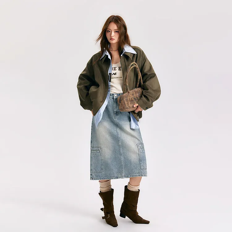 NO ONE ELSE美式复古女装秋冬翻领仿麂皮夹克纯色宽松长袖外套