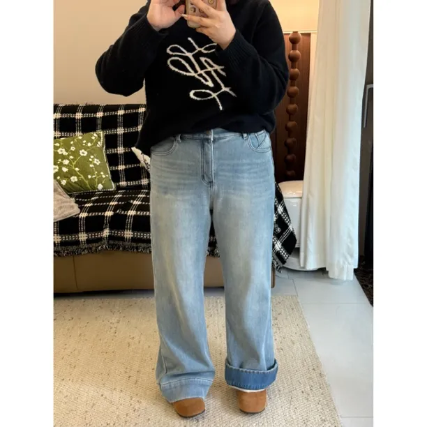 大阿娇 水洗返季蓝女裤2025年新款直筒裤设计小弯刀植绒牛仔裤