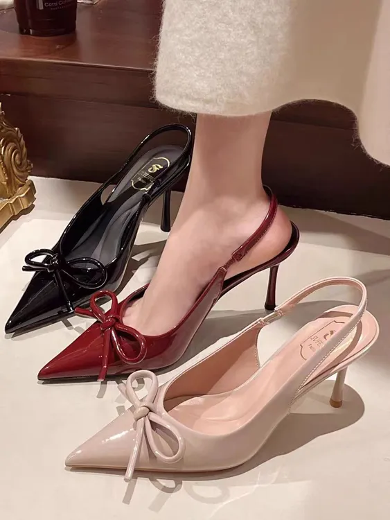 晚晚风绝美蝴蝶结高跟鞋女2025夏新款尖头细跟浅口仙女风包头凉鞋