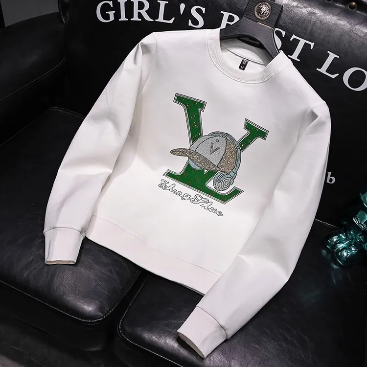 费比萨彻秋冬季新款无帽时尚卫衣男圆领轻奢烫钻印花大码潮流男士