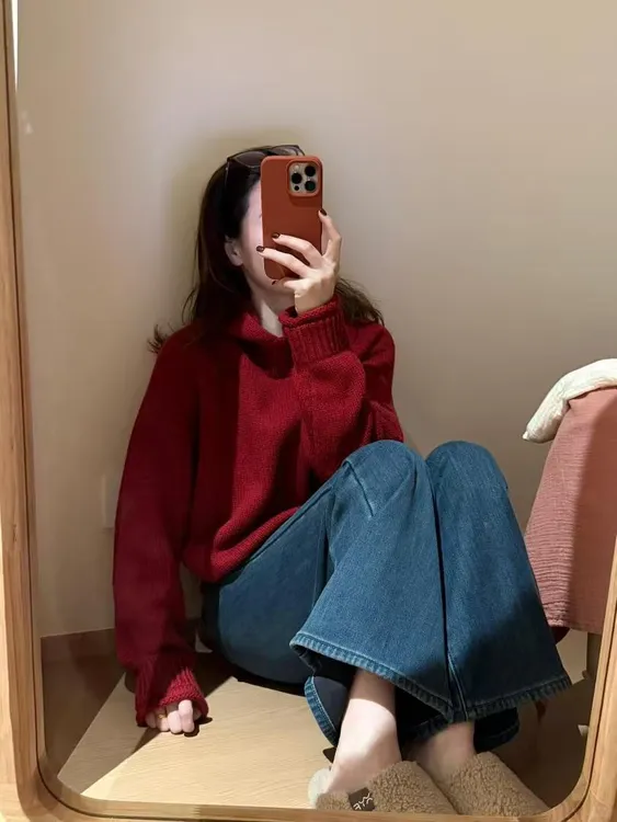 慵懒风连帽毛衣2025冬季新款韩版显瘦宽松上衣针织衫牛仔裤套装