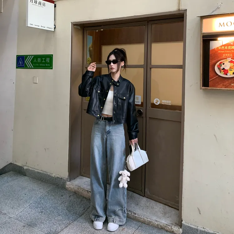 【纽扣画廊】超火爆款酷飒风小个子皮衣外套女短款黑色夹克上衣