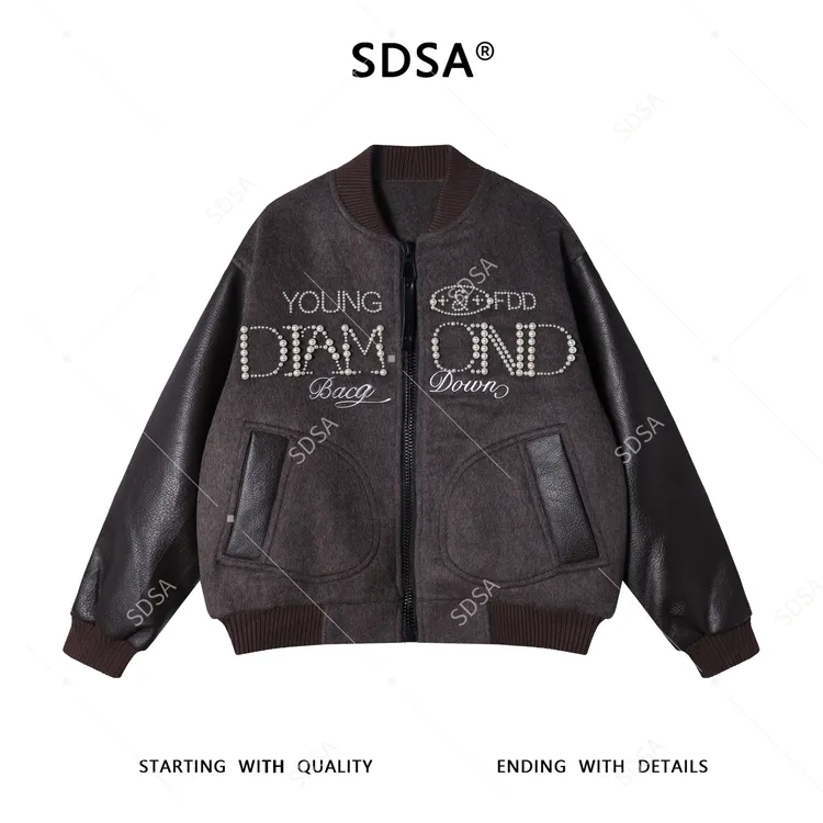SDSA秋冬新款痞帅男装美式拼皮镶珠子字母设计棒球领羽绒服百搭