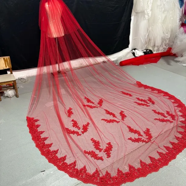双层蕾丝花边拖尾款新娘红色头纱时尚高档婚礼长款结婚（有发梳）