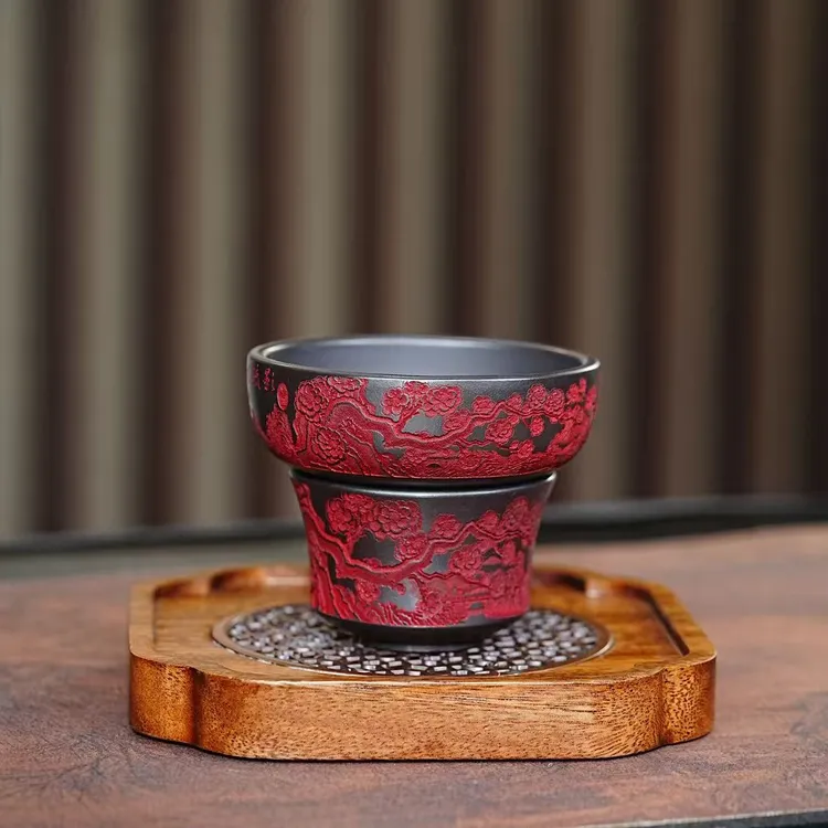 宜兴原矿紫砂石黄全手工刻绘暗香疏影茶漏