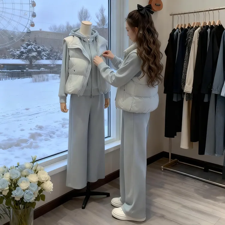2025秋冬季新款女士独特漂亮三件套棉服马甲连帽卫衣阔腿裤子套装