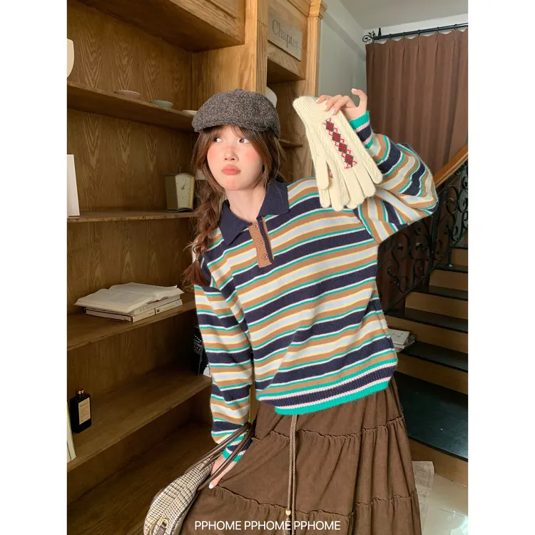 缪系小画家 复古miu系慵懒撞色条纹毛衣女polo领上衣