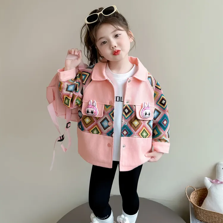 女童外套秋装新款儿童拼色卡通夹克衫洋气时尚女宝拉布布牛仔上衣