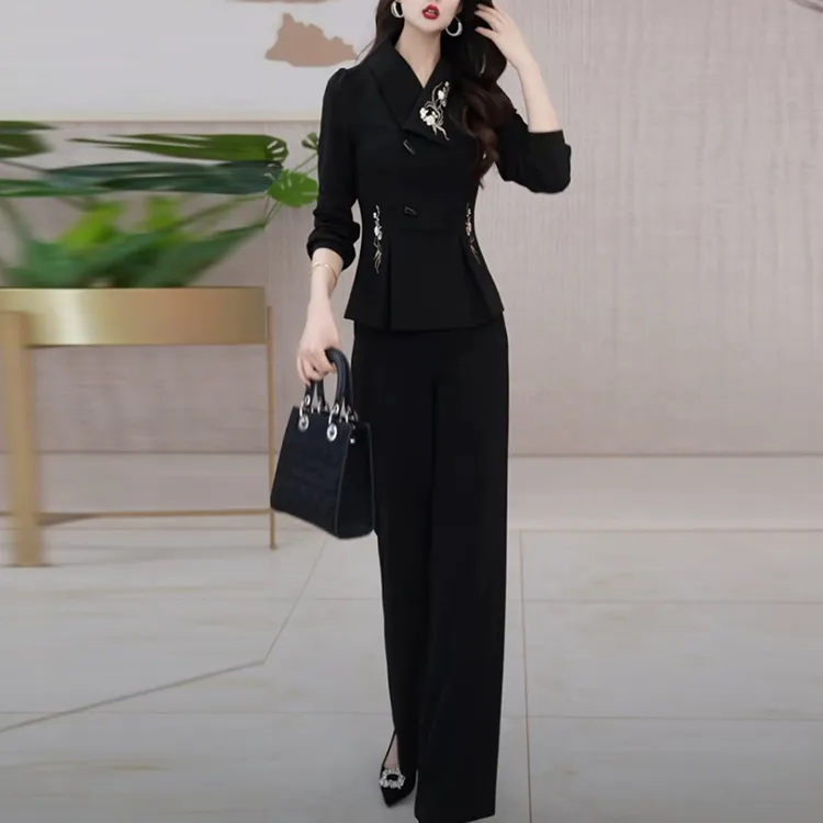 丽丝精纺黑色显瘦时尚套装2025春季新款气质减龄长袖女神范两件套