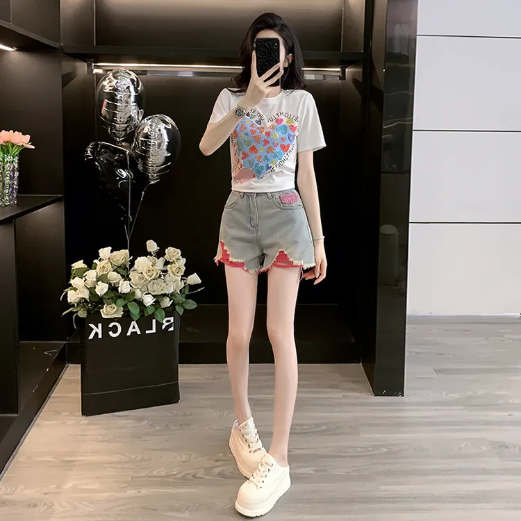 短袖上衣牛仔短裤休闲时尚运动套装女2025新款网红洋气减龄两件套