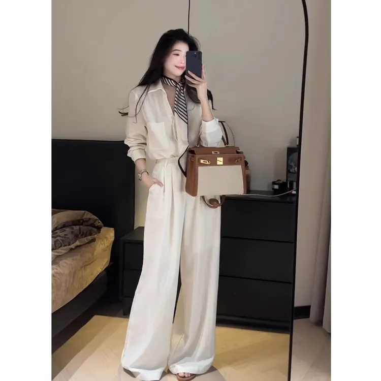 轻奢亚麻衬衫套装女2025年夏季老钱风松弛感棉麻衬衣阔腿裤两件套