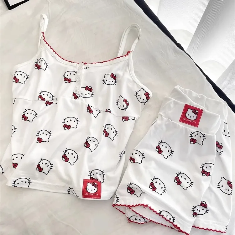 纯欲风HelloKitty性感睡衣女夏季薄款卡通印花吊带短裤家居服套装
