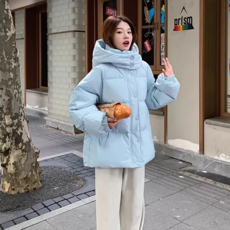 新款棉袄女蓝色学生时尚短款棉服显瘦小个子连帽宽松加厚外套百搭