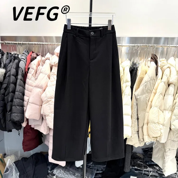 VEFG深灰色加厚毛呢休闲裤女今年冬季流行新款小个子加绒阔腿女裤
