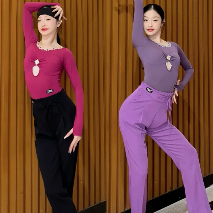 DRS2025新款方形钻镂空长袖性感上衣修身休闲舞服拉丁舞服训练服