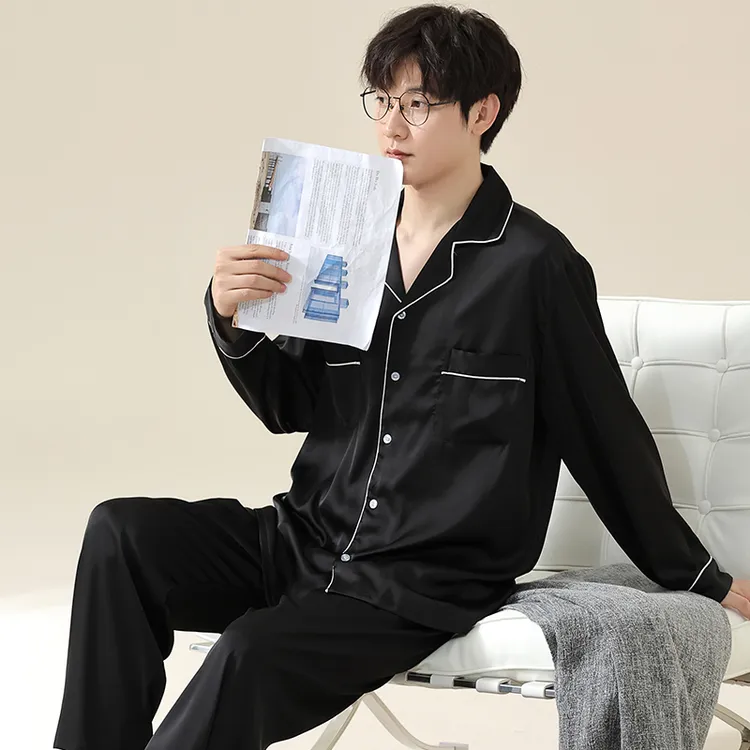 Atw-秋季新款冰雪丝睡衣男丝滑高档长袖情人节礼物宽松休闲家居服