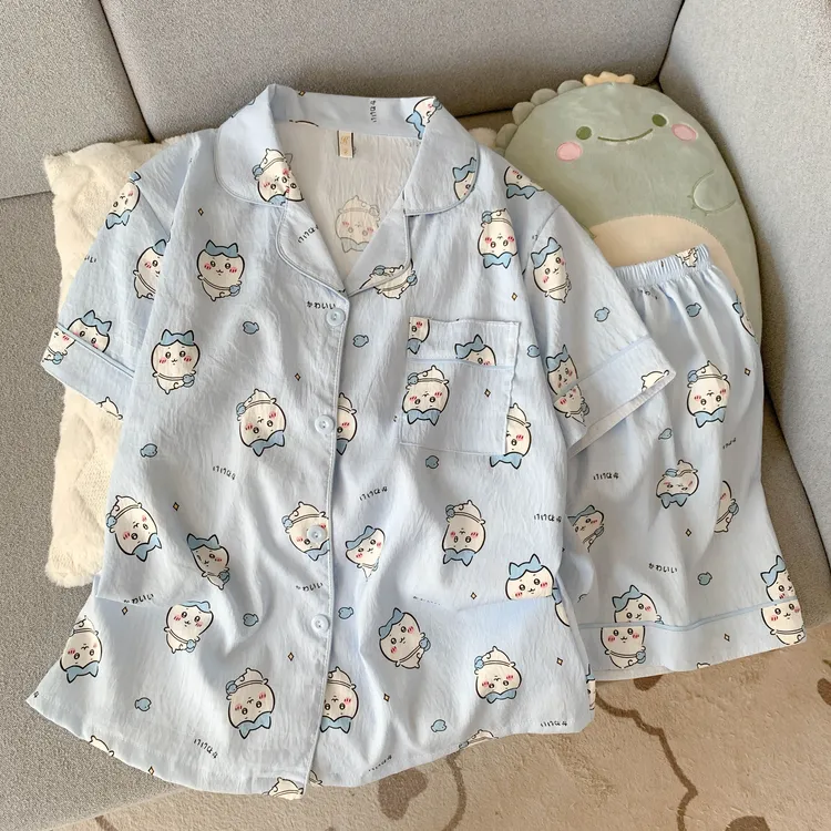 甜美云朵棉卡通短袖夏季女开衫休闲家居服小八套装睡衣休闲宽松女