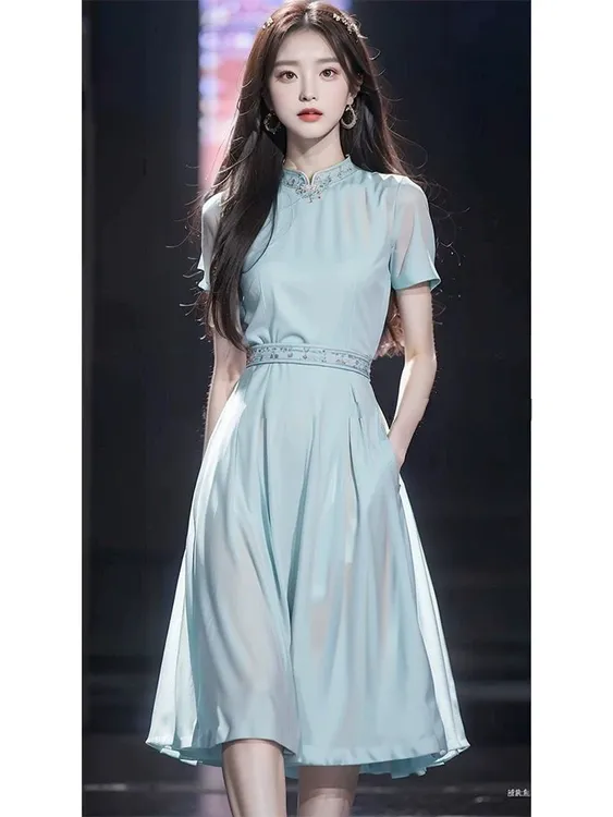 SS949新中式中国风改良旗袍蓝色连衣裙子女夏新款年轻款气质高端