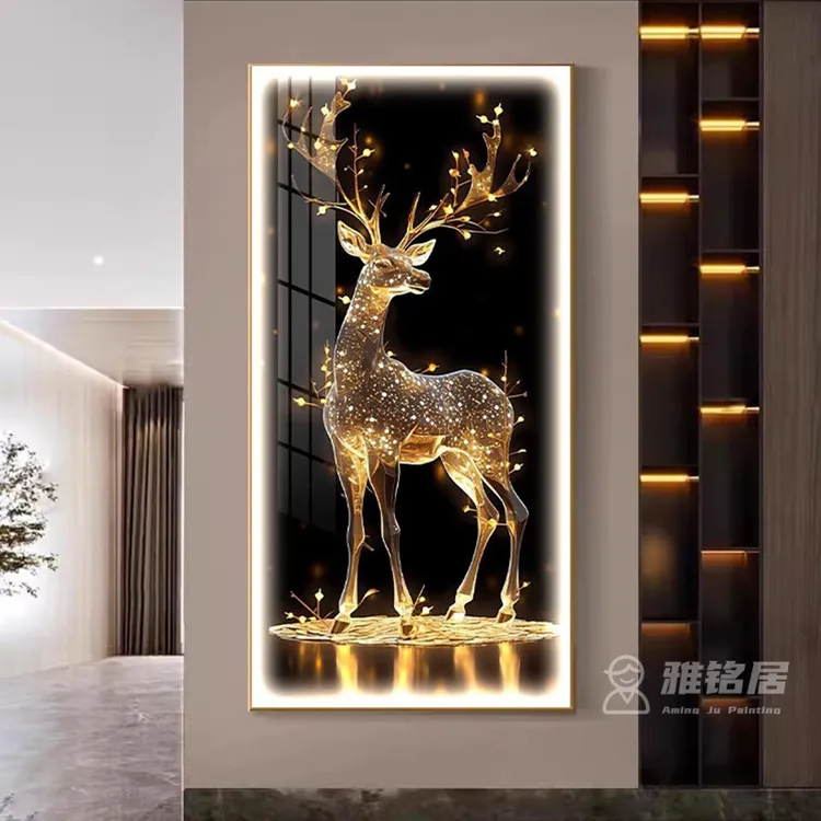 金鹿赐福玄关装饰画客厅走廊过道挂画高级感轻奢现代简约灯光壁画