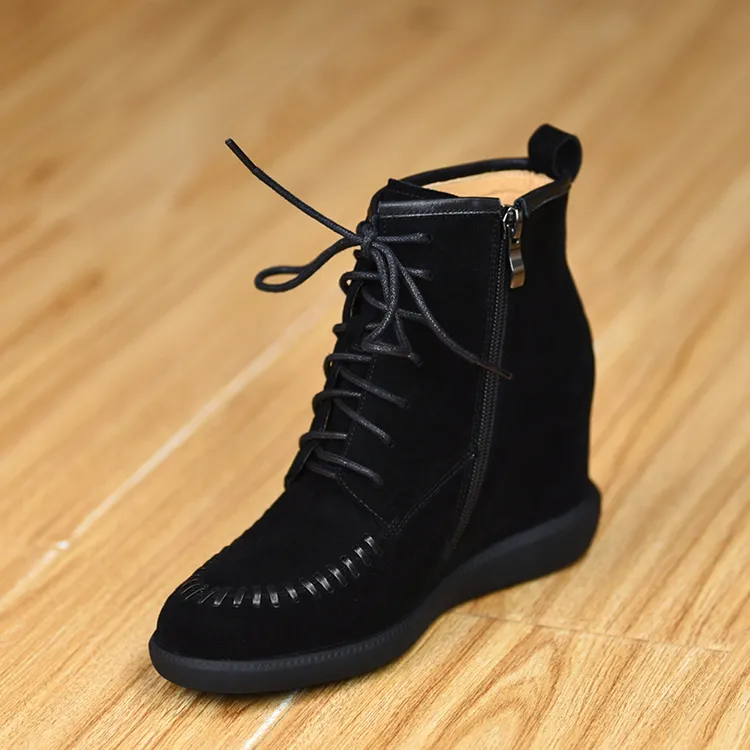 7cm内增高坡跟短靴女2025秋冬新款高跟鞋休闲系带厚底圆头马丁靴