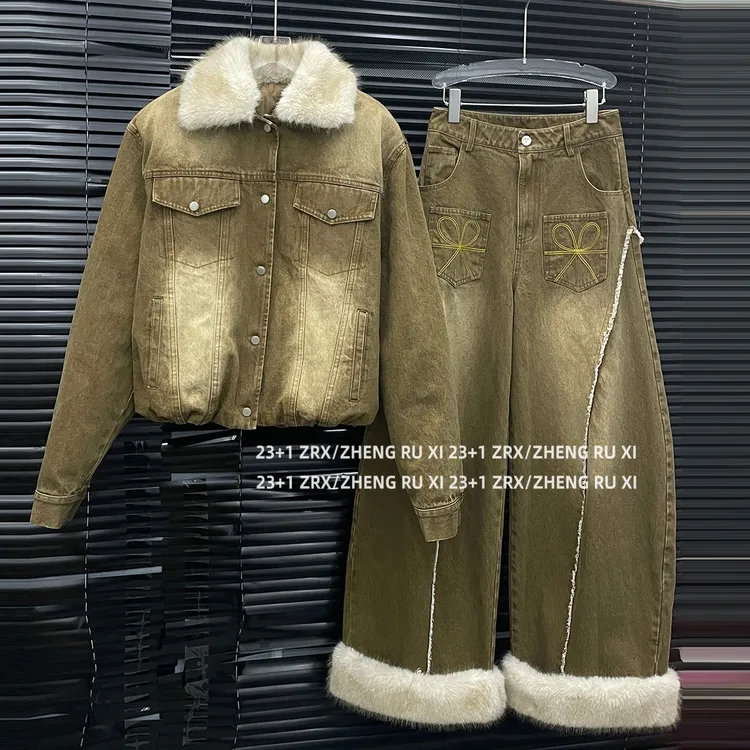 付新博女装.出行记 棉服套装女复古拆卸毛领棉衣外套+长裤15304