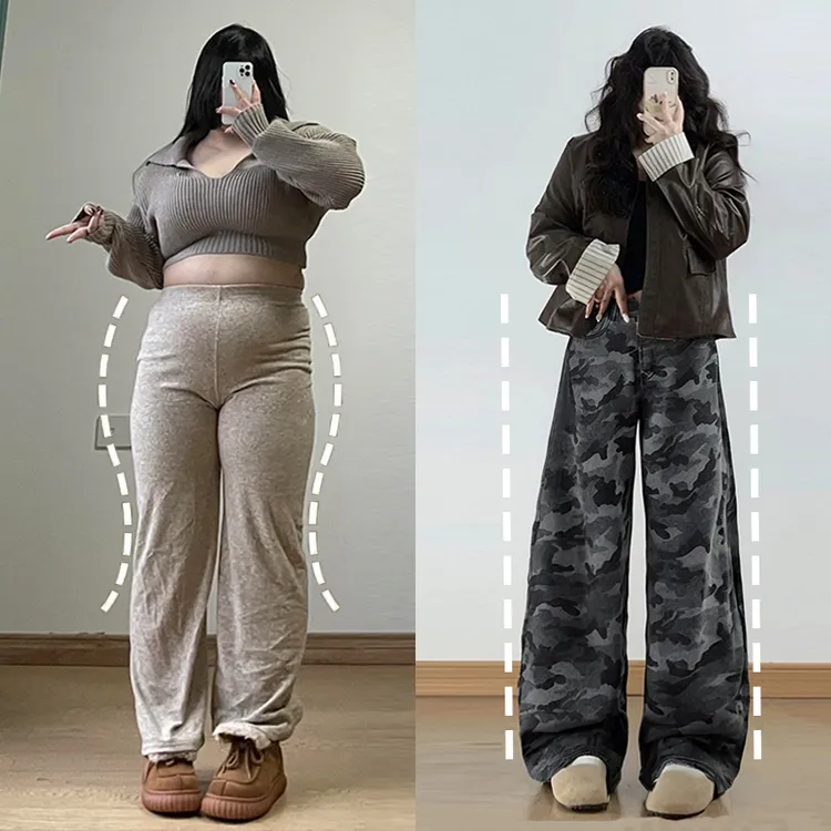 大码女装灰色迷彩工装牛仔裤女胖mm高街辣妹风设计感显瘦阔腿长裤