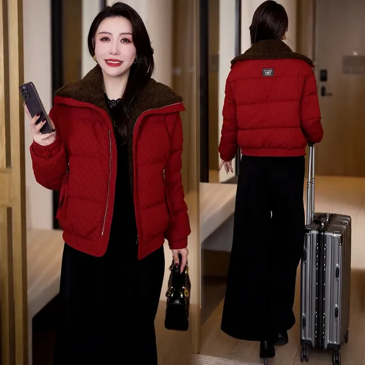 韩版时尚翻领棉服女冬季新款宽松显瘦毛领拼接菱格纹洋气棉服