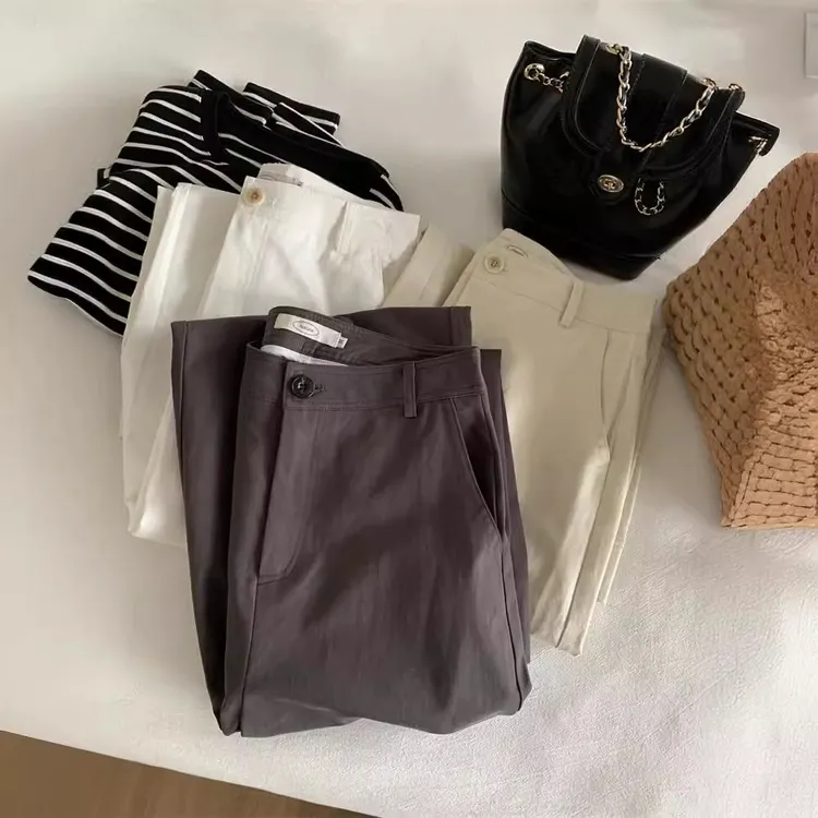 知性通勤风设计感高腰直筒裤女复古水洗棉显瘦百搭阔腿休闲裤春夏