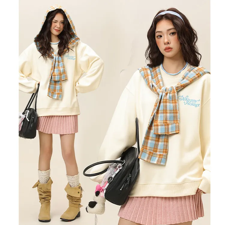 舒适感撞色圆领格纹帽子披肩休闲百搭宽松套头秋季时尚休闲卫衣潮