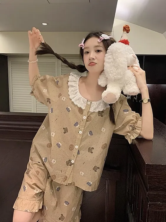 【小狗咖啡屋】新款卡通蕾丝花边圆领睡衣女夏季短袖开衫家居服套装