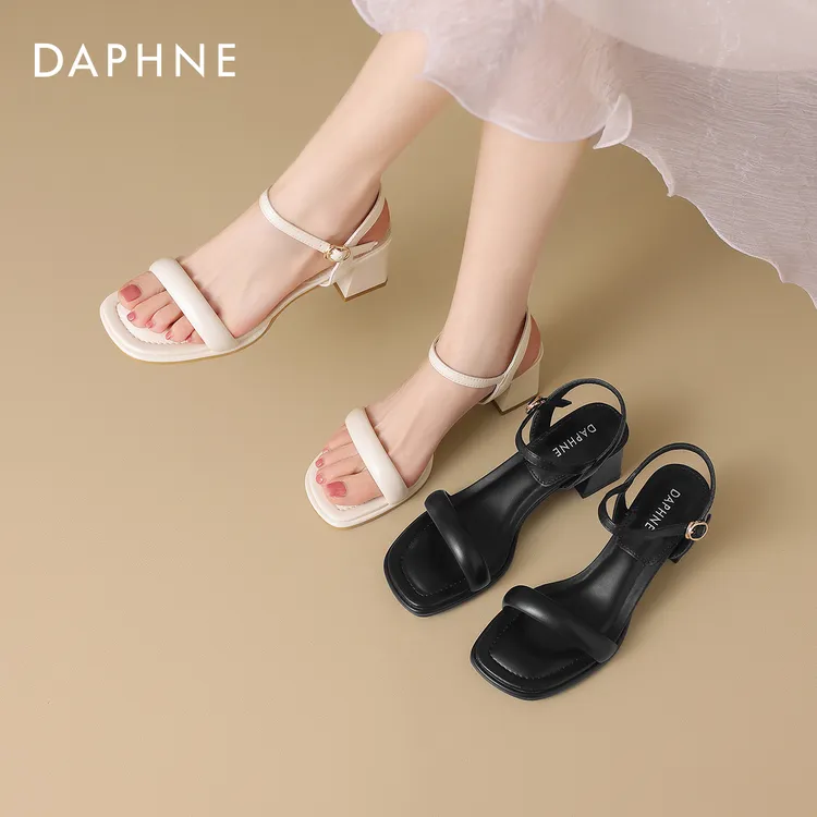 达芙妮法式凉鞋女款2025新款夏季百搭简约露趾中粗跟一字带高跟鞋