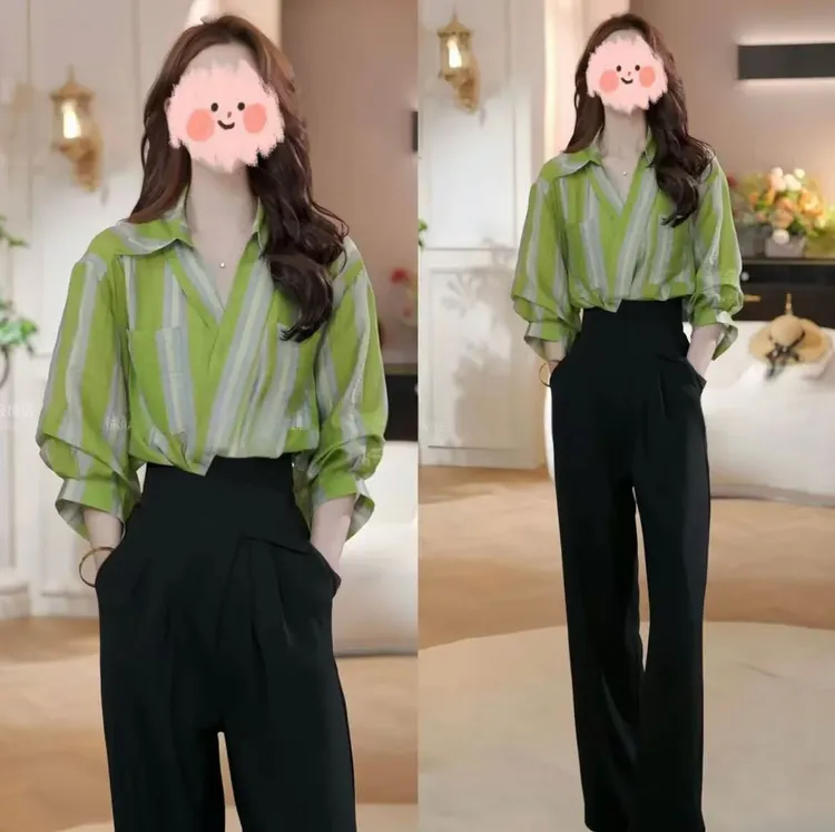 小众炸街高级感女装2025春夏宽松半袖条纹衬衫百搭休闲裤气质套装