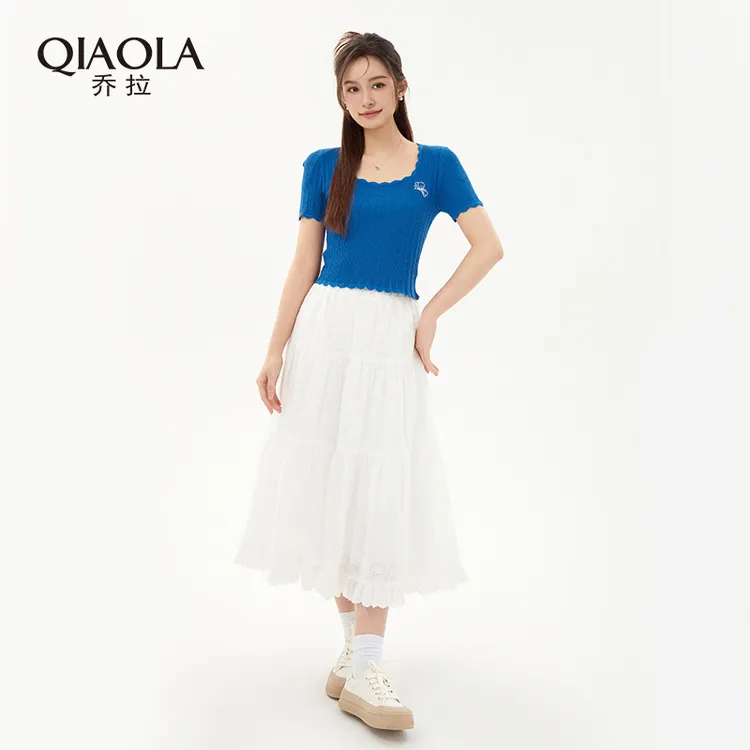 QIAOLA/乔拉【蓝湖薄雾】夏季针织花边方领提花小众A版上衣套装