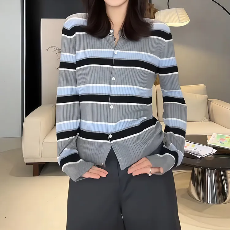 大码胖MM圆领条纹针织开衫外套女2025秋新款休闲减龄洋气开衫上衣