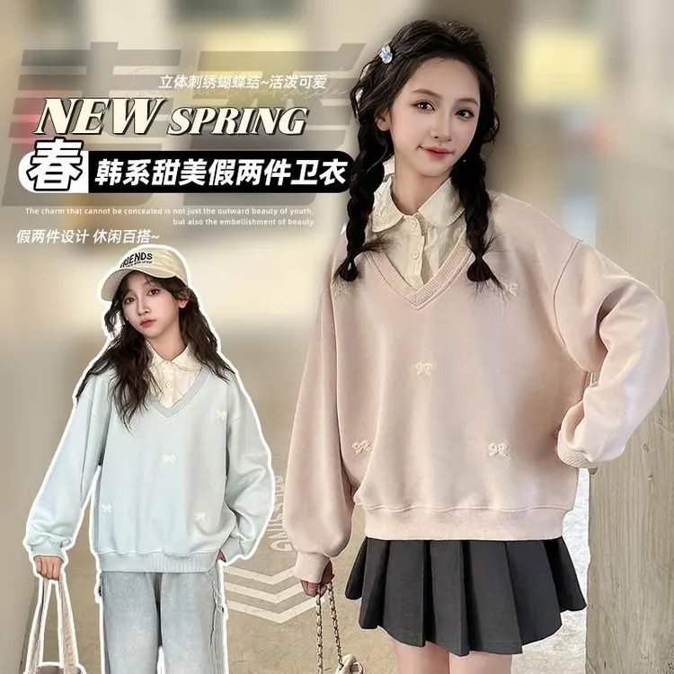 女童中大童假两件polo领卫衣时髦洋气拼接蝴蝶结儿童高级感上衣潮