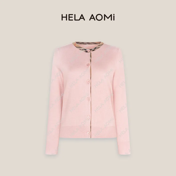 HELA AOMI“经典粉格”绵羊毛浅秋色系叠穿百搭美学设计针织开衫