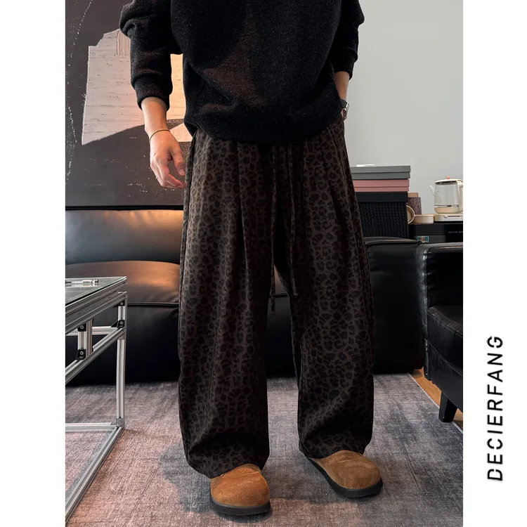 秋季豹纹休闲长裤男士男女同款宽松百搭直筒松紧腰百搭休闲裤