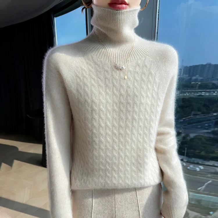 高端时尚品牌女装100%羊毛衫女两翻堆堆领针织毛衣洋气大码打底衫