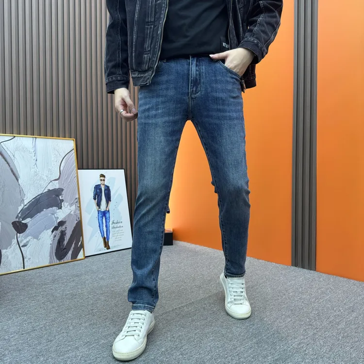 秋冬高端牛仔裤潮牌深蓝修身小脚时尚百搭弹力水洗牛仔裤