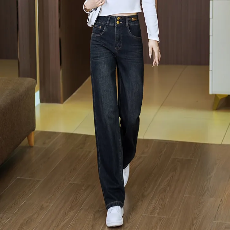 加绒加厚窄版阔腿牛仔裤女2025新款秋冬高腰显瘦百搭宽松直筒裤子