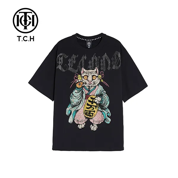 TCH烫钻圆领短袖招米猫翅膀黑色T恤T1A211WTS009