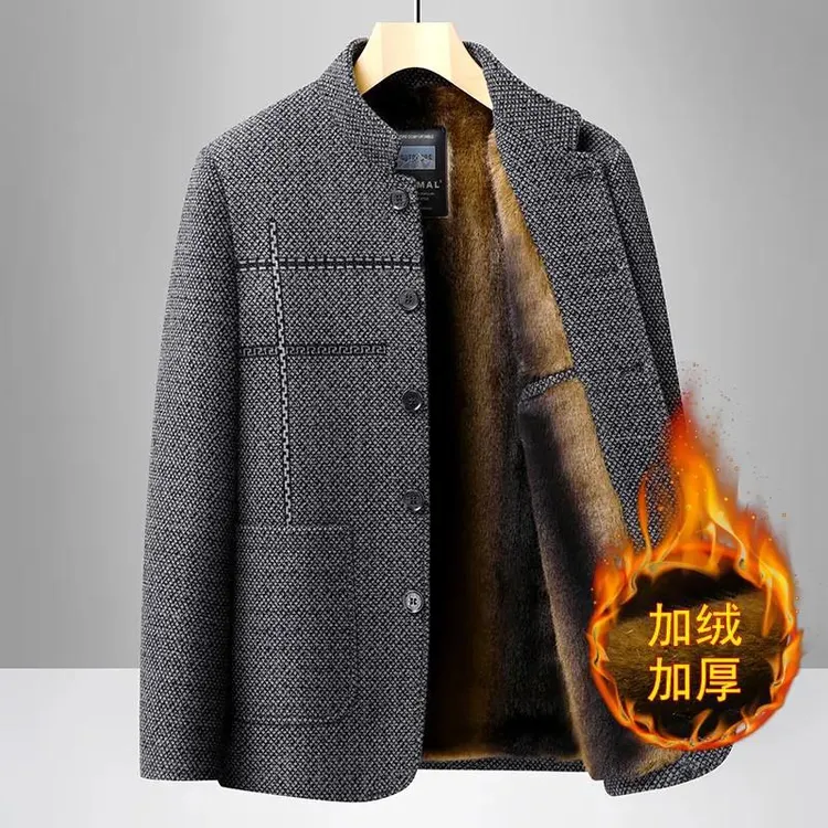 中年男士加绒外套秋冬爸爸装雪尼尔保暖夹克中老年人加厚毛呢衣服