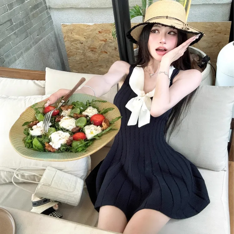 春秋新款气质法式气质名媛小香风+海军领蝴蝶结无袖背心连衣裙女